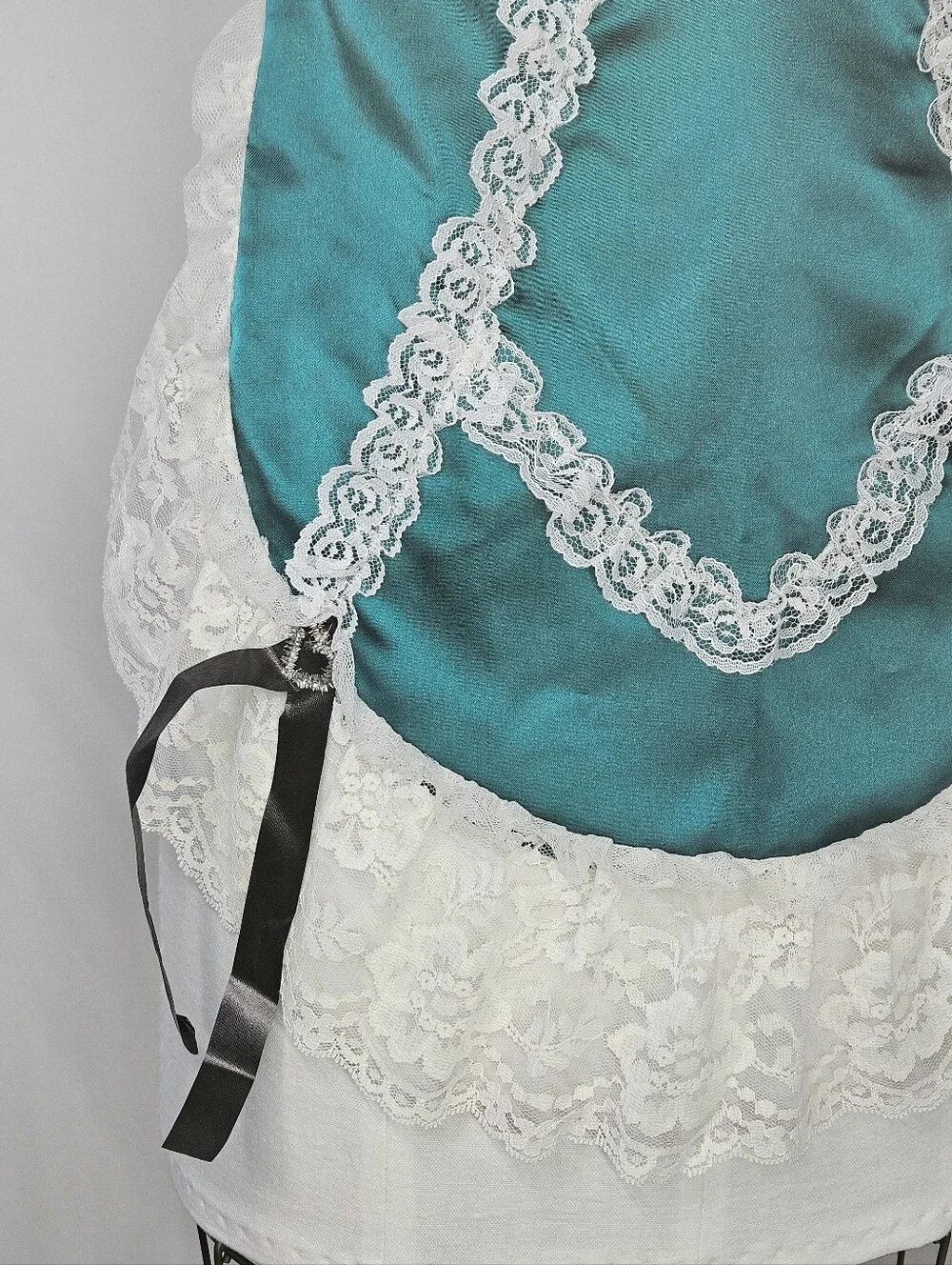 Lingerie Apron XS-XL OS Vintage 80s Novelty Satin Lace Tie Emerald Green White - Picture 5 of 6